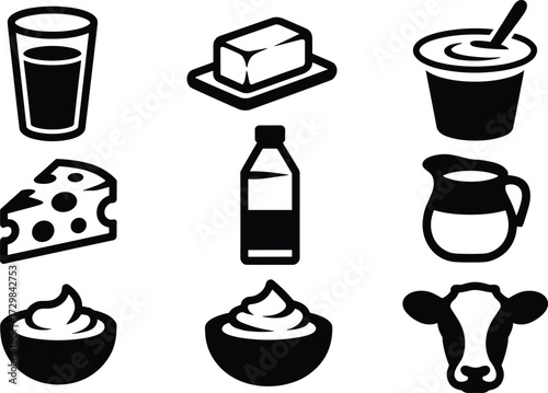 Black and White Dairy Product Icons Including Milk, Cheese, Yogurt, Butter, Cream, Cow Head, Pitcher, Bottle, Bowl, Vector Set