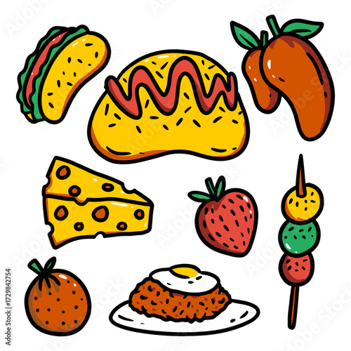 food illustration cartoon cheese hotdog strawberry orange dango mango fried rice nasi goreng ketchup