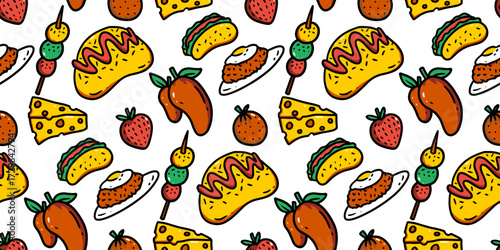 food seamless pattern illustration cartoon cheese hotdog strawberry orange dango mango fried rice nasi goreng ketchup
