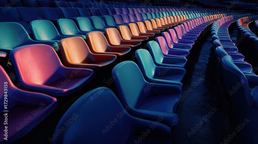 Fototapeta premium Empty Theater Seats - Vivid Colors, Rows of Seating, Dramatic Lighting, Auditorium Interior.
