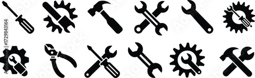 Black vector icons of tools and gears for mechanical work, engineering, repair, maintenance, DIY projects, industrial design, and construction