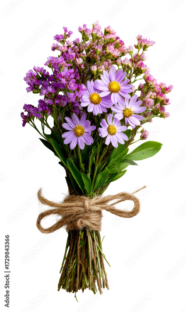 Fototapeta premium Freshly Picked Wildflowers Tied with Natural Twine Arrangement Isolate on Transparent Background, cutout, png