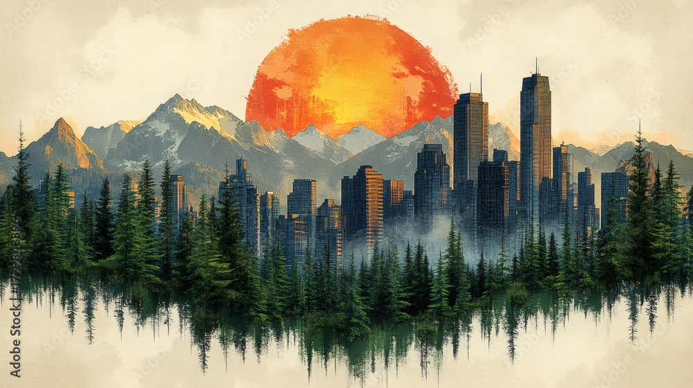 Fototapeta premium City landscape mountain forest artwork