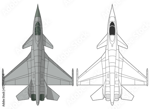 Set chengdu j-10 military aircraft design in line art and colored style from top view. Vector illustrations colorful j16 fighter jet. Outline drawing modern chinese combat aircraft.
