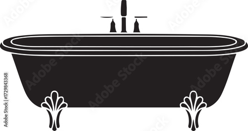 Elegant black silhouette of a clawfoot bathtub with faucet