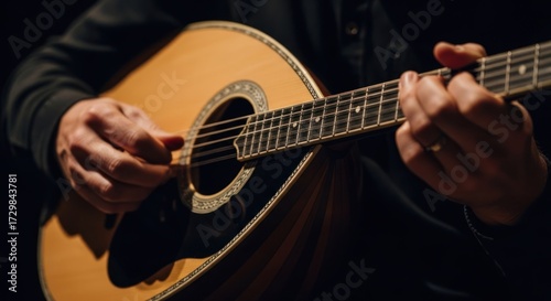 Close-up of hands playing bouzouki