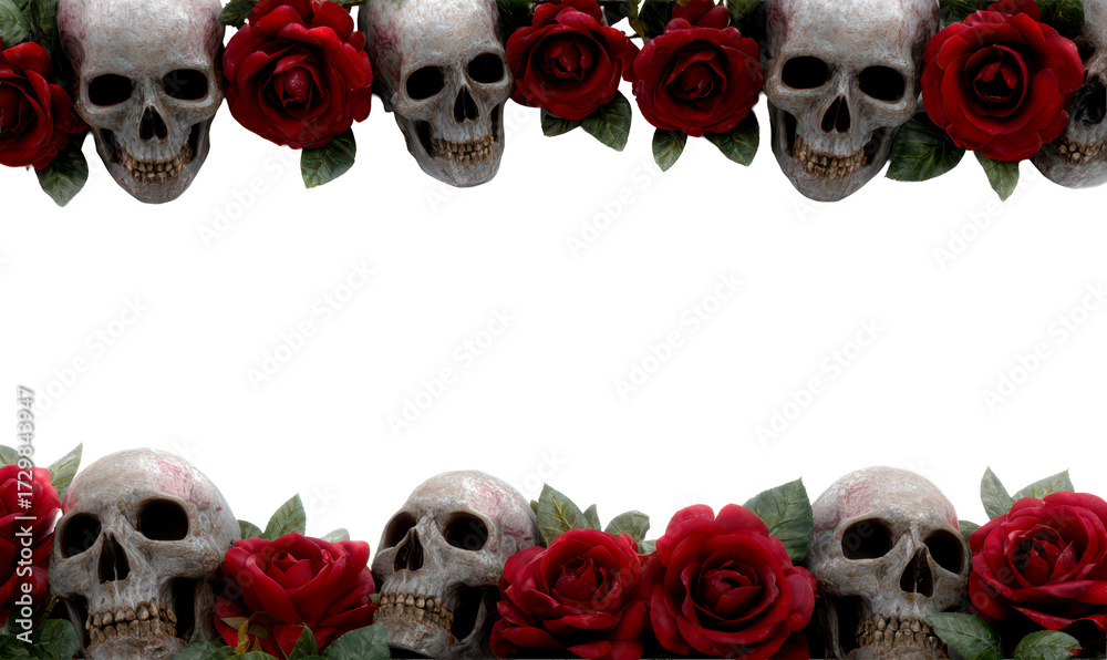 Fototapeta premium Gothic Border of Skulls and Roses for Halloween Decorations Isolate on Transparent Background, cutout, png