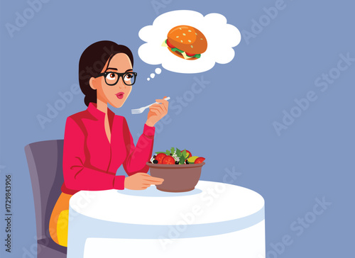 Woman Eating Salad Thinking of a Burger Vector Cartoon. Health conscious person making good choices for a healthier lifestyle 