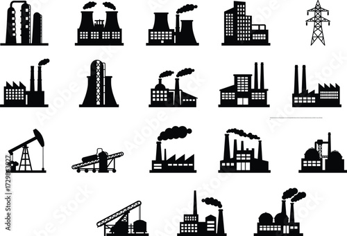 Industrial Production Factory and Power Plant Vector Icons Set, SEO Optimized Black Silhouette Collection for Energy, Oil, Gas, Manufacturing, Industry, and Pollution Concepts, Solid Design.