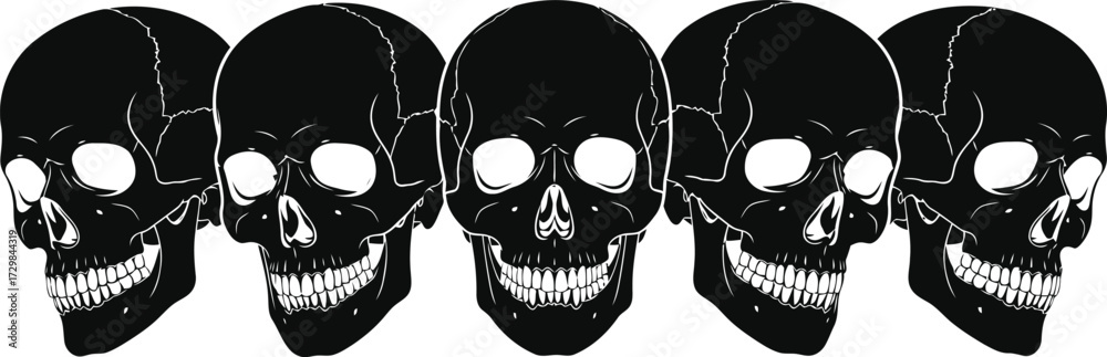 Fototapeta premium Five Black Human Skull Silhouettes in a Row on White Background Keywords: skulls, human skull, skeleton, death, danger