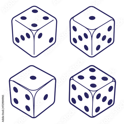 Four isometric dice showing different numbers for gambling games or conceptual illustrations