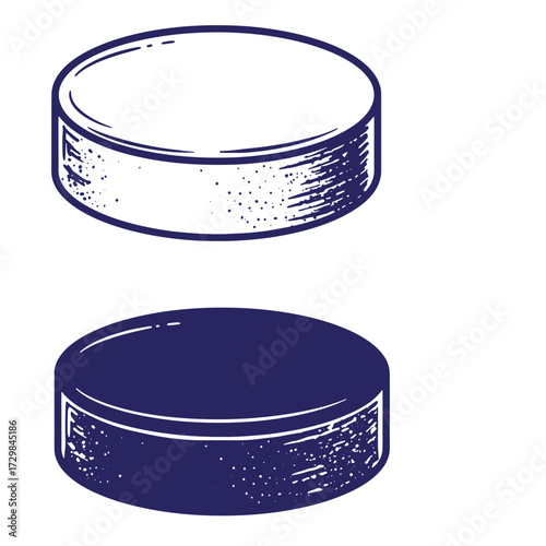 Hand drawn artistic illustration of two ice hockey pucks in white and blue colors