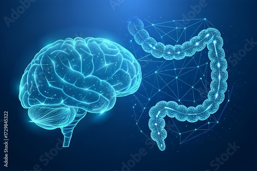 Digital Gut-Brain Axis Visualization: Glowing Blue Neural Network Linking Human Brain and Colon on Dark Background