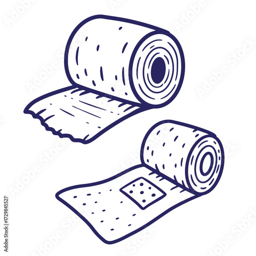Hand drawn illustration of two medical bandage rolls for wound care and first aid