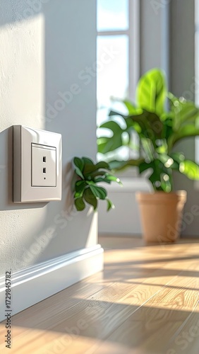 Indoor Ambiance of Wall Mounted Switch with Green Plant and Natural Light Stream on Wood Floor Interior Composition