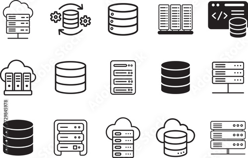 Database and Cloud Server Icon Set Bundle silhouette vector illustration pack. Cloud computing icon set. Big data, database and server line icons. Network technology, hosting, security pictogram