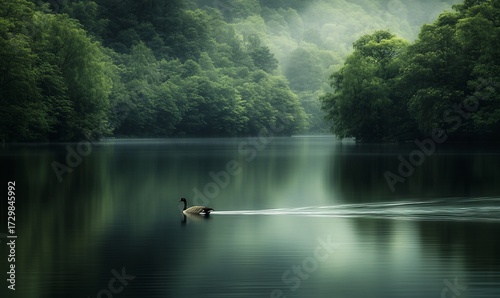 Serene lake goose, misty forest, calm water, nature scene, peaceful background, ideal for tranquility themes
