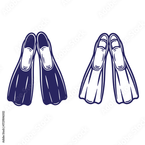 Illustration of diving fins in two color styles with white background for graphic design