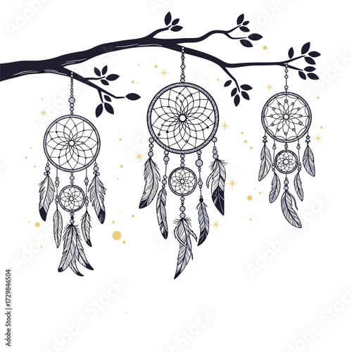 Three dreamcatchers hanging from a tree branch with decorative celestial elements.