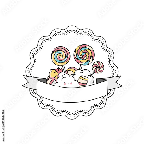 Sweet treat lollipops and candies in a whimsical cloud design.