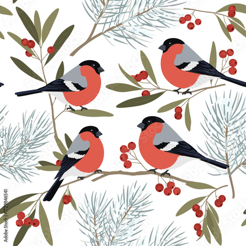 Four bullfinches perched on a branch with red berries and pine needles.