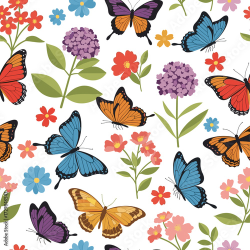 A vibrant and colorful collection of fluttering butterflies and blooming flowers in a delightful spring garden scene.