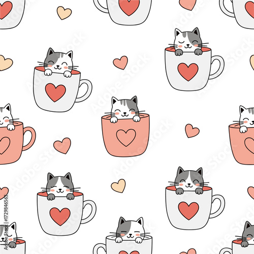 Cute cat faces peeking out of coffee cups with hearts decorating the background.