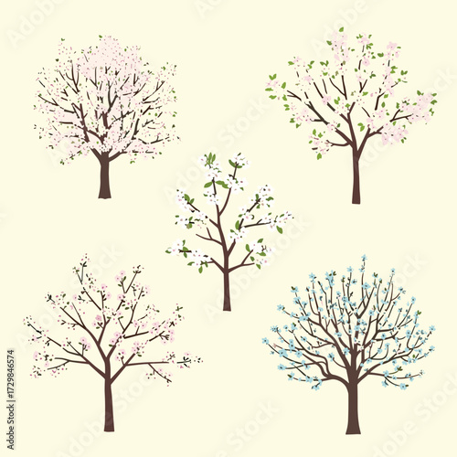 Collection of five beautifully illustrated trees in bloom displaying different colors and styles.