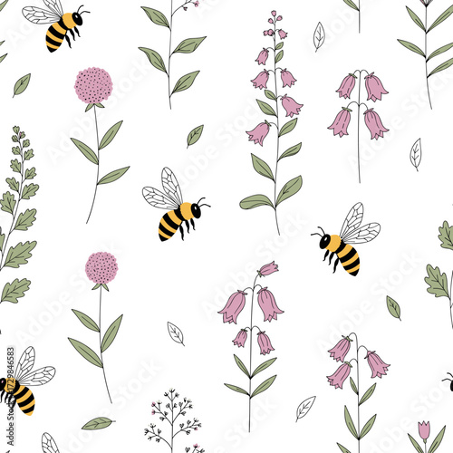 A charming seamless pattern featuring delicate wildflowers and buzzing bees in a playful garden setting.
