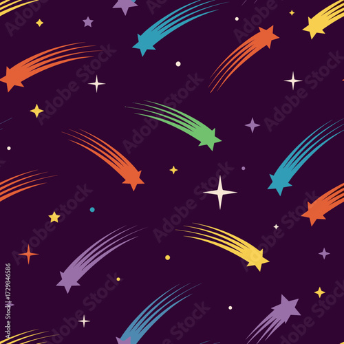 Vibrant shooting stars and sparkling constellations paint a dark cosmic canvas with playful energy and wonder.