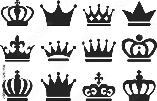 Royal crown silhouette collection featuring classic and modern designs, perfect for heraldry, luxury branding, regal themes, and vector illustration