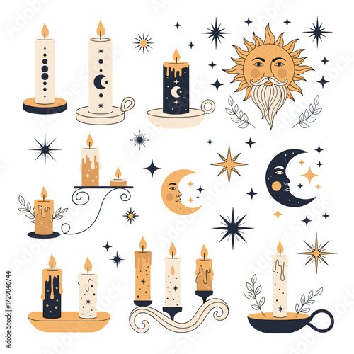 Celestial and magical candles with astrological symbols and star elements.