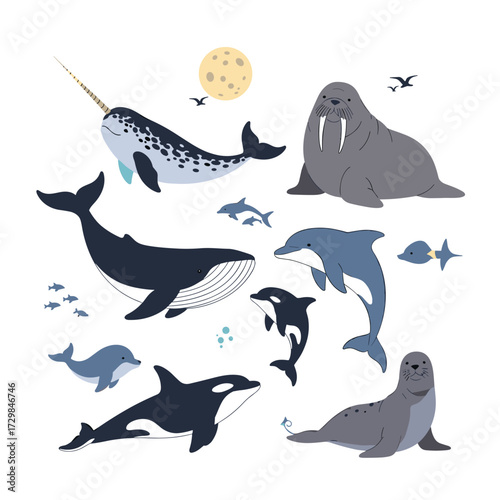 Diverse collection of marine mammals swimming in the ocean under the moon.