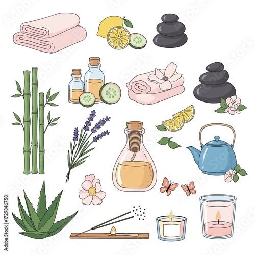 A collection of spa and wellness related items including towels incense sticks and natural ingredients.