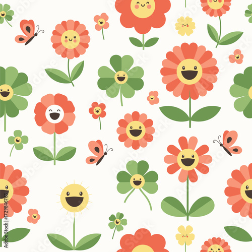 A delightful pattern featuring smiling cartoon flowers and playful butterflies.