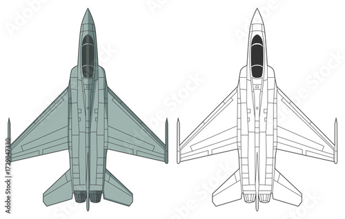 Set amx international jet military aircraft design in line art and colored style from top view. Vector illustrations colorful fighter jet. Outline drawing combat aircraft from italy and brazil.