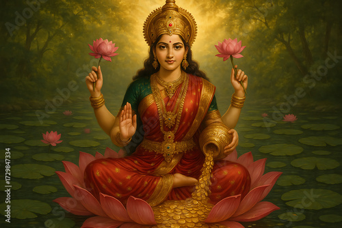 Goddess lakshmi in deep red saree seated on a lotus in a forest setting pouring gold coins from a pot for prosperity and laxmi puja