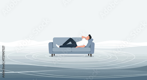 Man relaxing on sofa contemplating life while creating waves of thought process