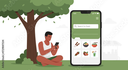 Man uses food delivery app under tree for outdoor convenience and relaxation design