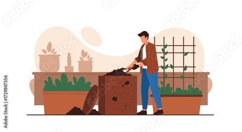 Man tending to his garden in a serene and earthy setting, creating a compost bin