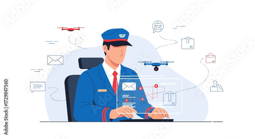 Modern postal worker using drones for package delivery with advanced technology interface and