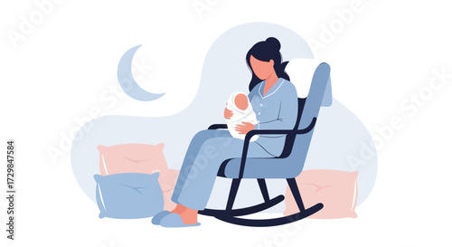 Mother holding newborn baby in rocking chair, serene scene depicting the tender moment