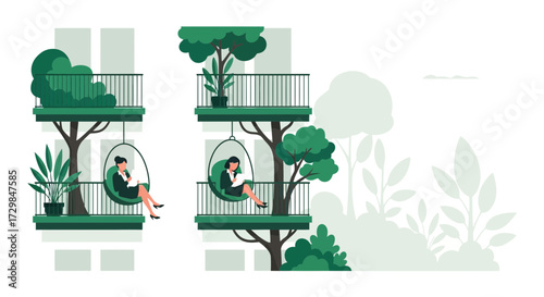Modern urban architecture with natural elements showing businesswomen working on balconies with