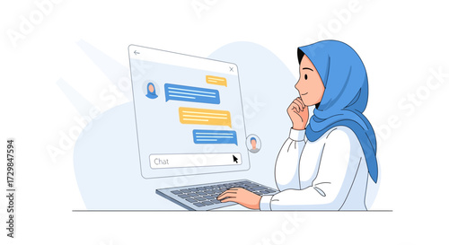 Muslim woman communicating through online chat illustration concept modern design