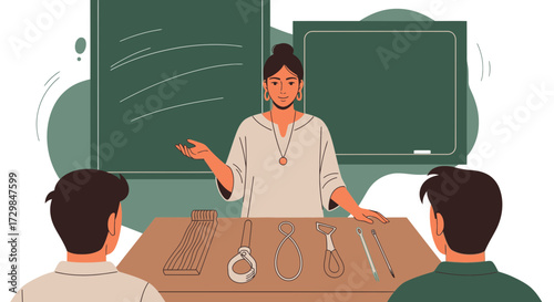 Pottery class with a teacher demonstrating tools and techniques to students illustration