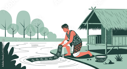 Traditional launderer by the river, hand washing clothes outdoor vector illustration showcasing