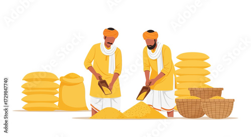 Two farmers working with harvested grains in traditional clothing against white background