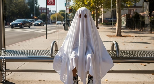 Ghost in sheet sitting on bench, urban street, Halloween theme, daytime