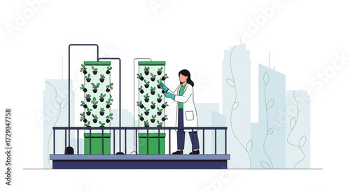 Urban agriculture innovation woman scientist tending vertical garden with city skyline backdrop
