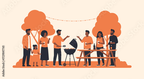 Vibrant illustration of diverse people enjoying an outdoor barbecue party with family and friends